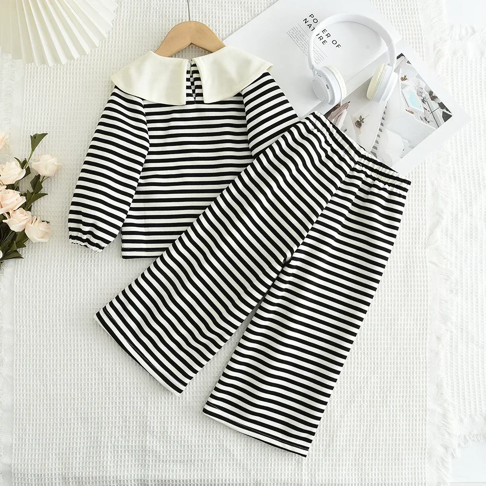 خريف جديد الحلو ولطيف التلبيب مخطط بأكمام طويلة بلوزات فستان أطفال مع سروال داخلي للفتيات الذين تتراوح أعمارهم بين 3-7 ارتداء اليومي ملابس كاجوال للأطفال #4