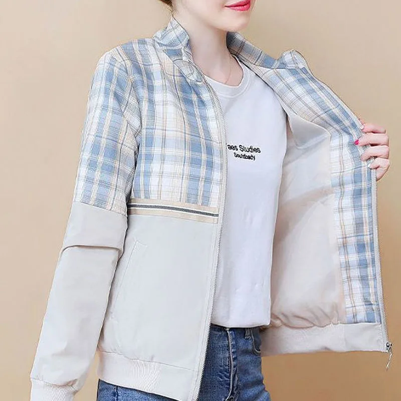 New Spring and Autumn Fashion Korean Edition Spliced Checkered Standing Collar Versatile Casual Simple Women\'s Jacket Coat