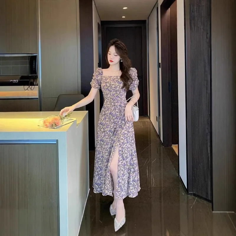 Abito Lungo Estivo da Donna Stile Socialite Xiaoxiangfeng con Spacco in Vita, Linea ad A, Scollo Quadrato Francese, Maniche a Palloncino e Motivo Floreale