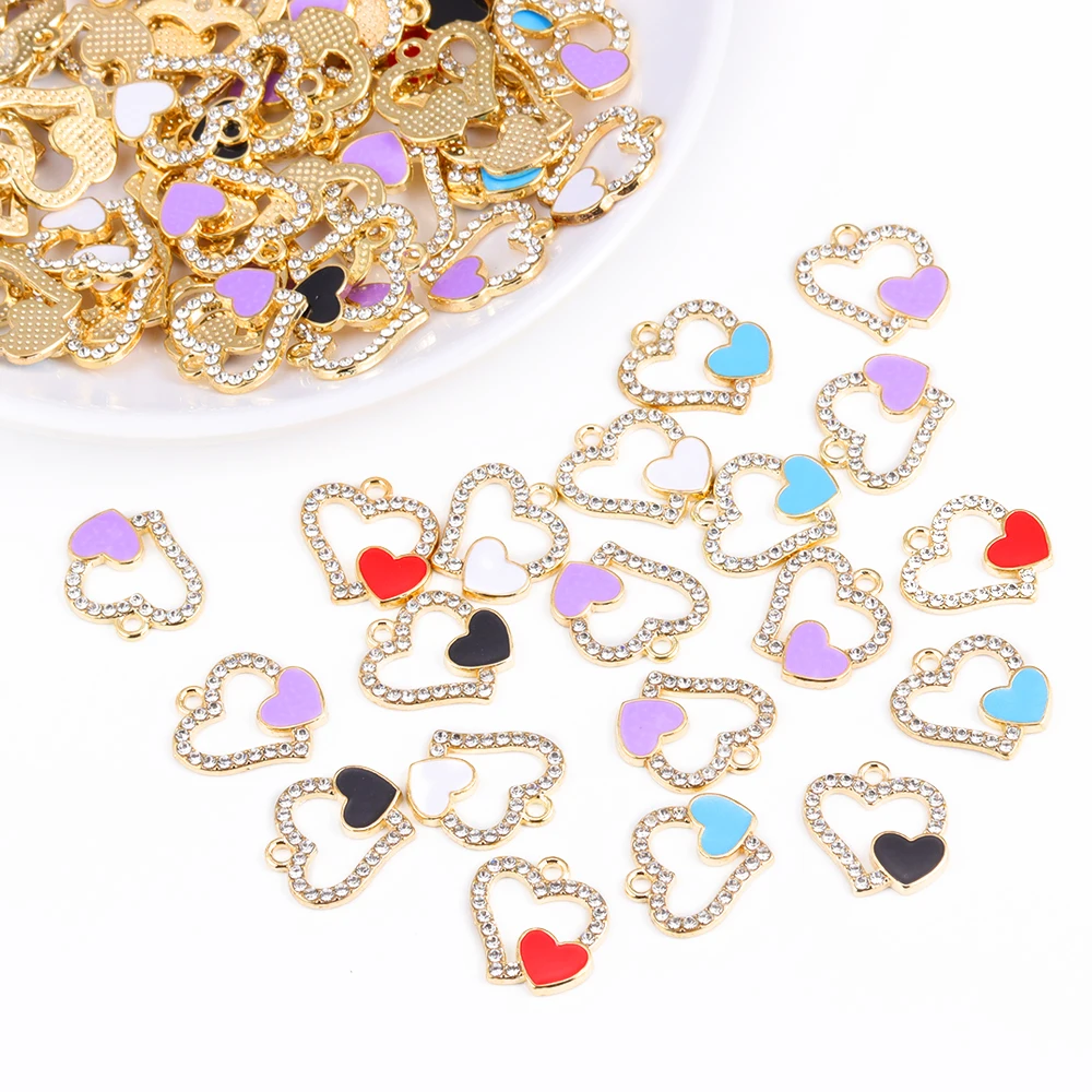 

20Pcs/Lot 16*16 Retro Delicate Alloy Rhinestone Double Hearts Charms For Handmade Women Jewelry Making Accessories Findings