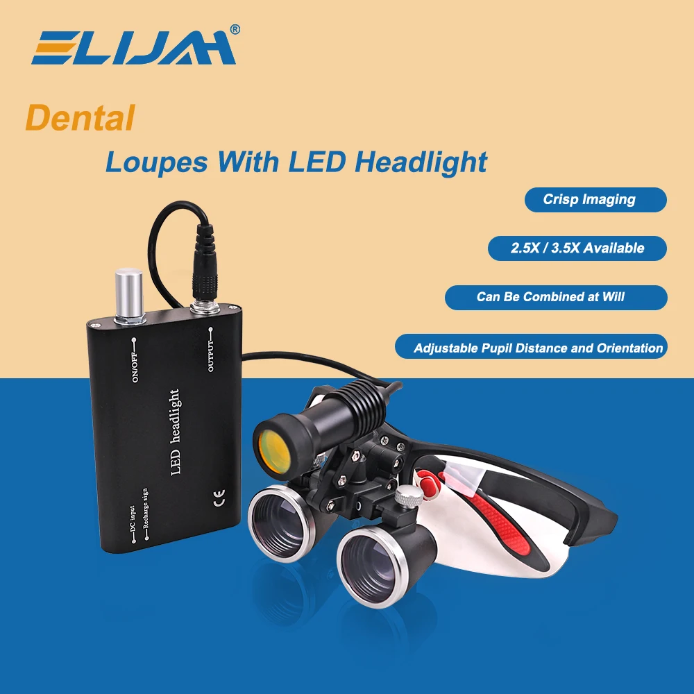

ELIJAH Стоматологическая бинокулярная лупа 2,5X/3,5X, оптические лупы, перезаряжаемые с прожектором 5 Вт, фара, стоматологические хирургические инструменты