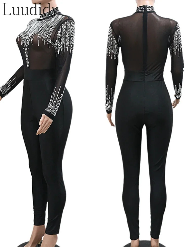 مثير طويلة الأكمام بقماش شفاف المرقعة حجر الراين حللا طويلة