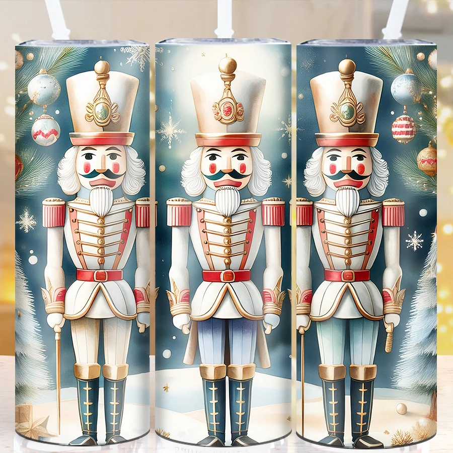 Print 3D Christmas Party Nutcracker Straight Tumblers Straw Lid 1Pc Stainless Insulated Coffee Mugs Winter Holiday Party Gifts