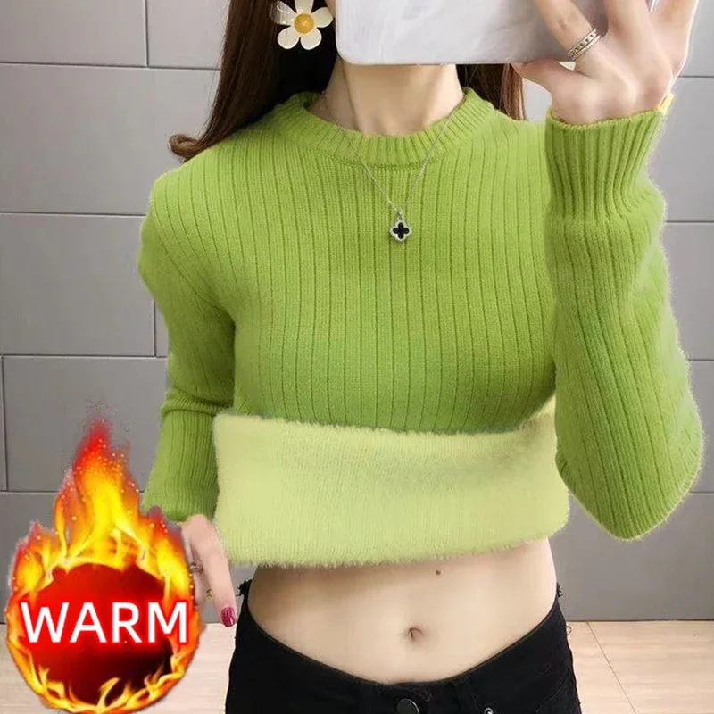 Turtleneck Winter Sweater Women Elegant Thicken Velvet Lined Warm Sueter Fleece Knitted Pullover Slim Top Jersey Knitwear Jumper