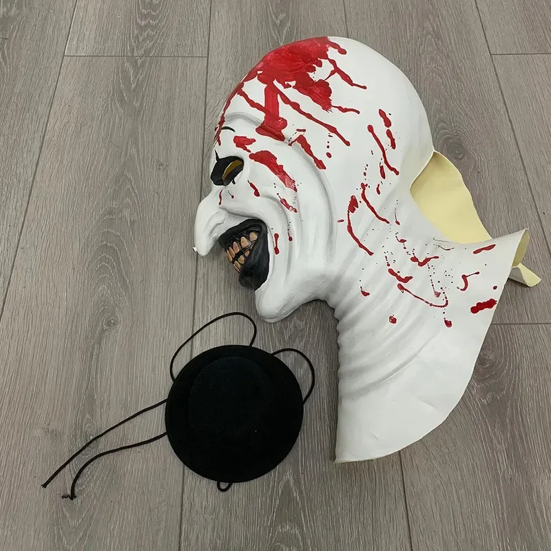 Arte terrorífico de terror, máscara de payaso, Cosplay, demonio sangriento espeluznante, sombrero de Joker malvado, casco de látex, accesorios de disfraz para fiesta de Halloween