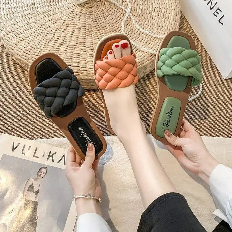 Women Sandals 2023 Open Toe Sandals Walking Solid Color Women Shoes Woven Beach Female Slippers Holiday Slipper Chaussure Femme