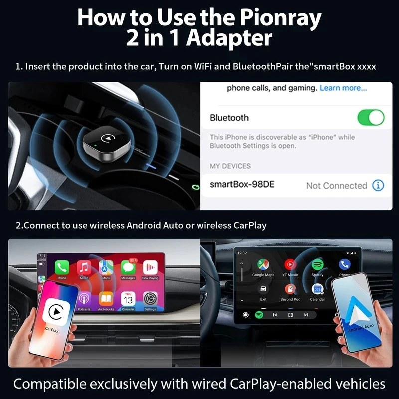 محول CarPlay اللاسلكي الجديد Pionray 2 في 1 ومحول Android Auto اللاسلكي، 5Ghz WiFi Type C/USB Plug Play Wireless CarPlay