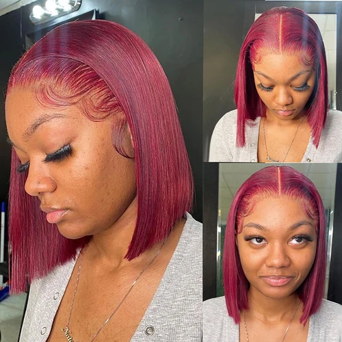 Imagen 2 del producto Peluca Bob de cabello humano 13X4 HD con encaje Frontal corto recto con encaje Frontal Bob pelucas para mujeres negras cabello humano vino rojo 99J Borgoña