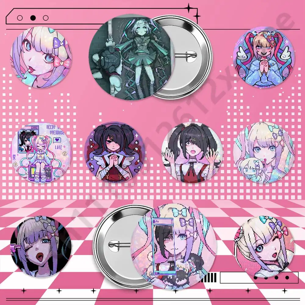 Needy Streamer Overload Kangel Holographic Badge Pins 25/32/44/58/75mm Round Anime Game Brooches Cosplay Fan Merch Bag Backpack