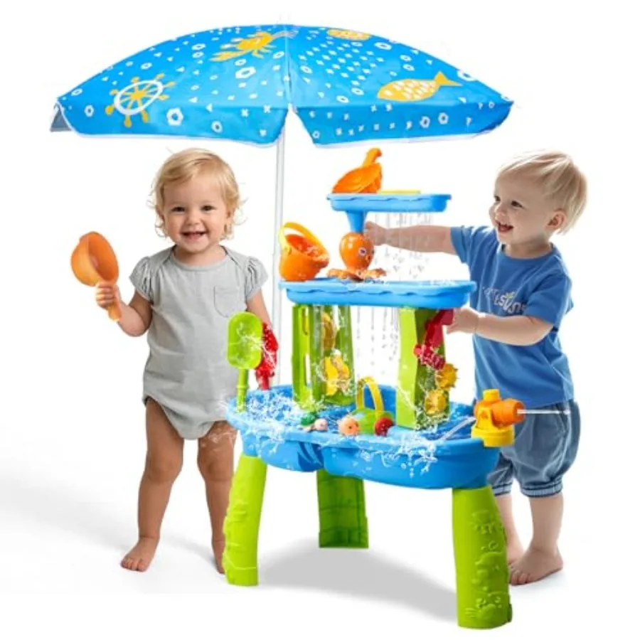 

Outdoor water table for toddlers 1-3-5 and kids 4-8 plastic blue UV-resistant umbrella included