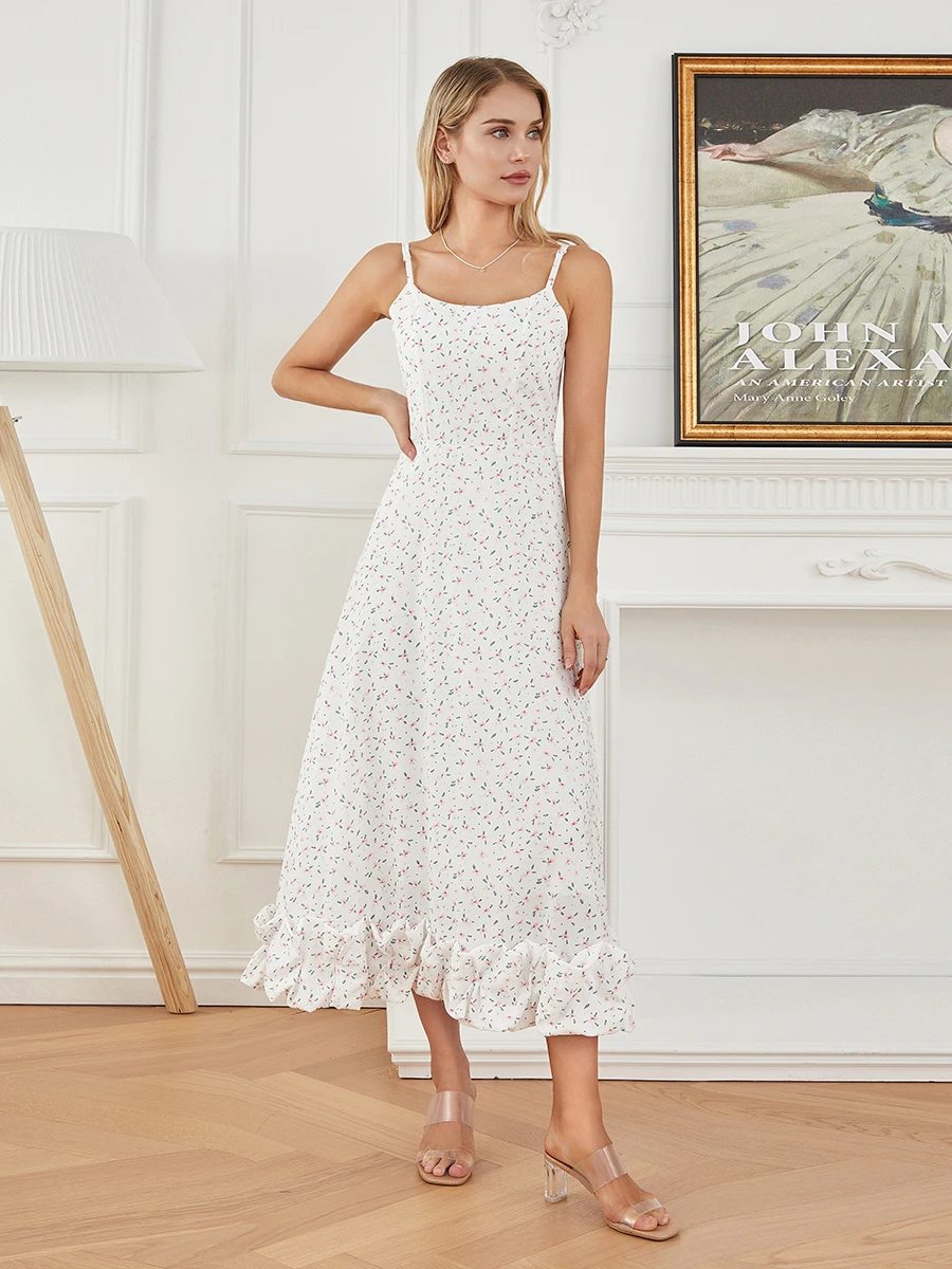 Wsevypo-Robe longue à volants avec imprimé floral pour femme, bretelles spaghetti, ourlet bulle, robe trapèze, été