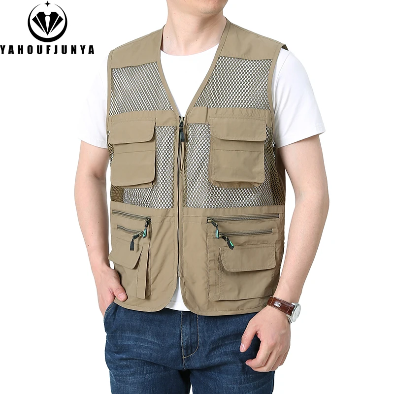 Men Sleeveless Outdoors Camping Fishing Many Pocket Gear Vest Jacket Men Zipper Webbed Leisure Fashion Vest Male Plus Size 8XL