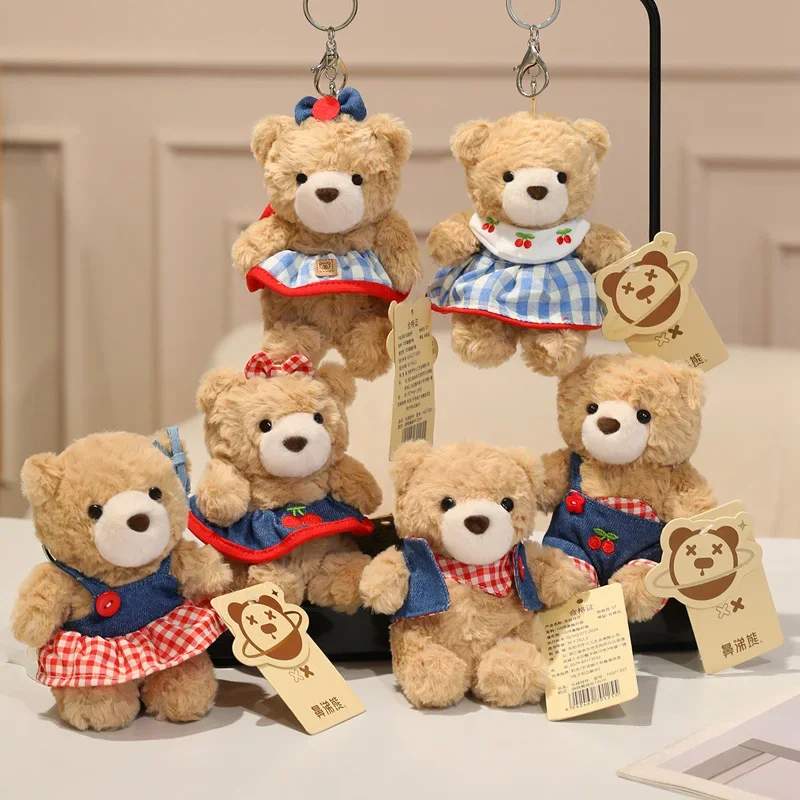 

14cm Brown Teddy Bear Cartoon Pendant Stuffed Plush Animal Dressed Small Keychain Ring Plushie Fashion Accessory for Bag Gift