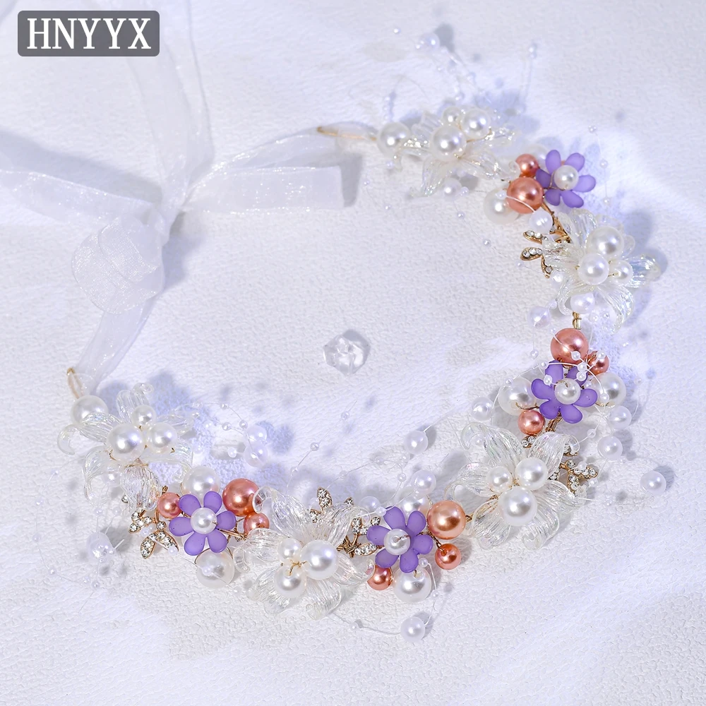 

HNYYX Pearls Wreath Princess Hair Accessories Fairy Girl Flowers Pearl Headbands Sweet Girl Headdress Kid's Ribbon Headwear A392