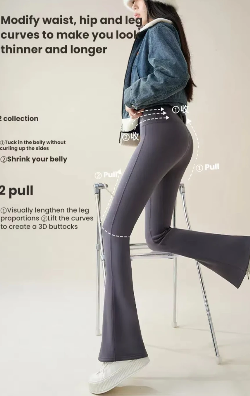 Winter-Leggings mit hoher Taille und ausgestelltem Bein für Damen, mit Fleece-Futter, Bauchkontrolle, Po-Lifting-Effekt, Yoga-Hose, dehnbare Freizeithose, Damenbekleidung – Detail 12