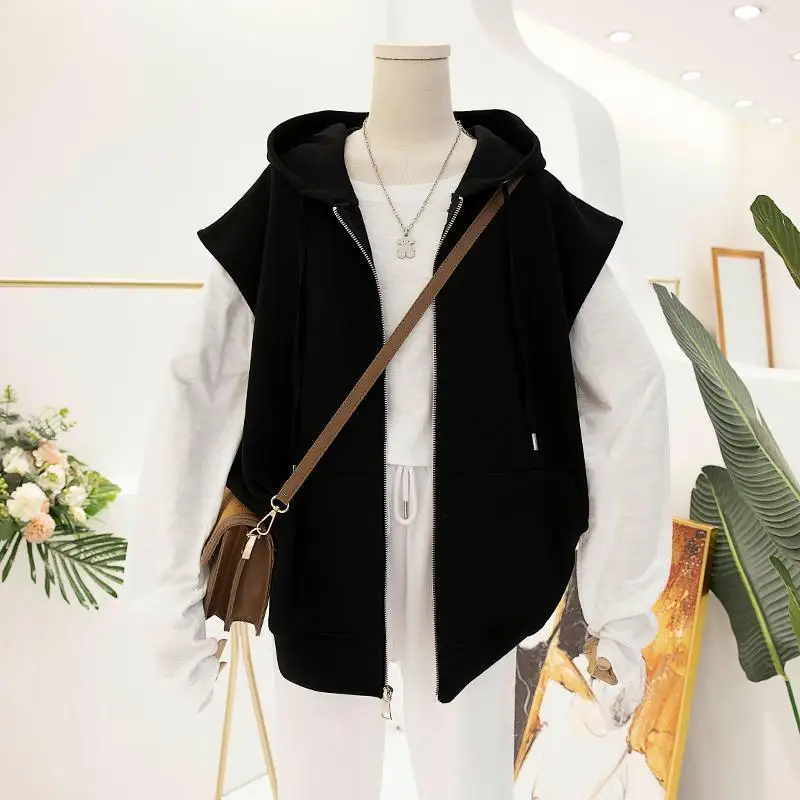 

Spring Autumn Thin Hooded Open Cardigan Vest Women's Loose Svel Design Sense Fat MM20300 Pou Casual Top irt