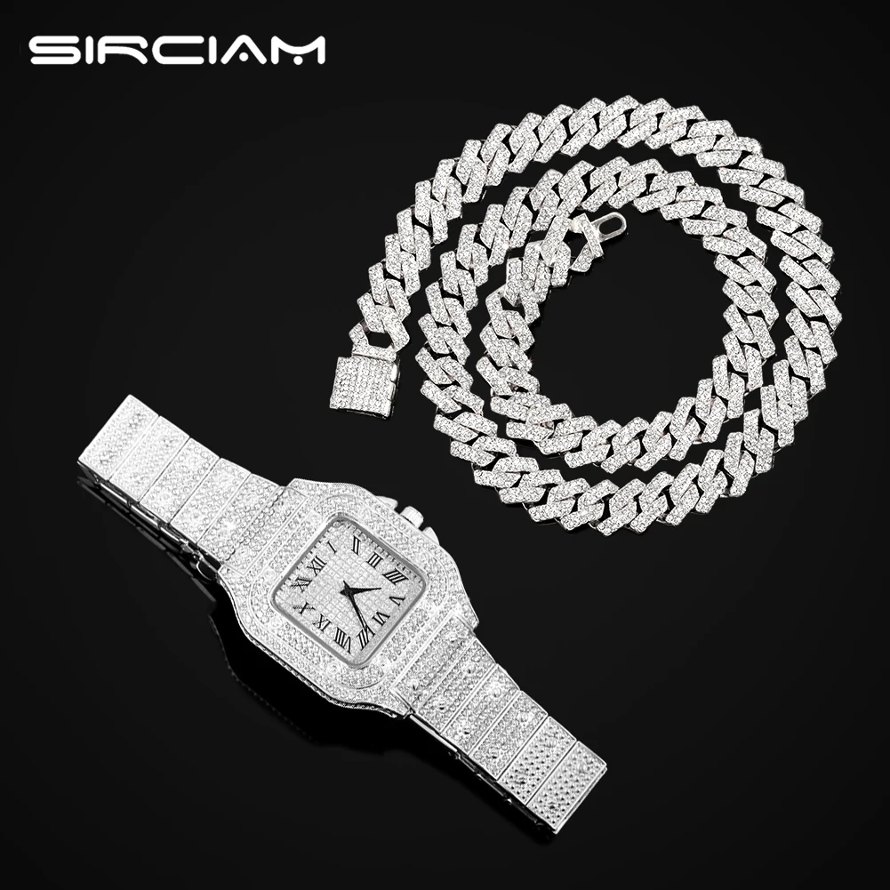 

Iced Out Bling Necklace +Watch+Bracelet 14mm Miami Curb Cuban Link Chain Necklace For Women Men Punk Hip Hop Link Chain Jewelry