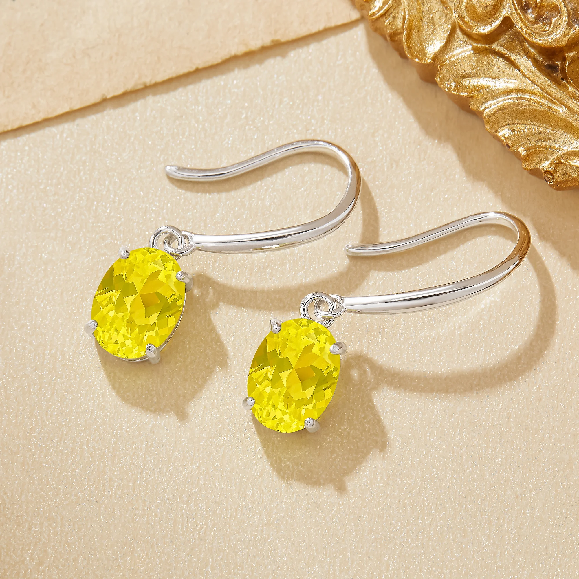 6x8mm Oval Day Glow Neon Yellow Fluorescent Hook Earrings Lumogarnet Solid 925 Sterling Silver Earrings Lab Created Gems 6320042