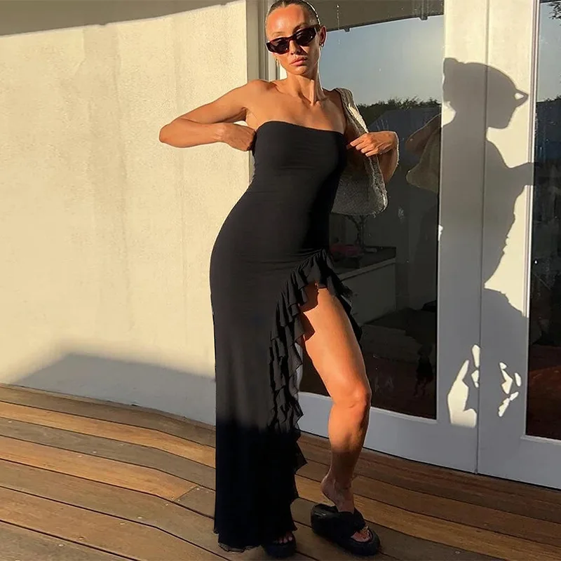 

Women'S Summer New Solid Color Ruffled Sexy Slit Strapless Dress For Hair Replacement