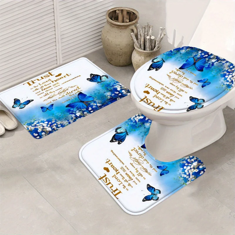 1pcs/4pcs Blue Butterflies and Flowers Printing Shower Curtain Gift Modern Home Bathroom Decoration Curtain and Toilet Floor Mat