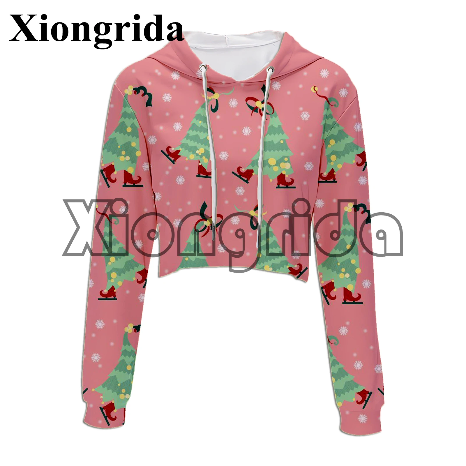 

Christmas Pattern 3D Printed Crop Top Hoodie Women Casual Holiday Xmas Trees Illustration Pattern Short Hood Hooded Pullover