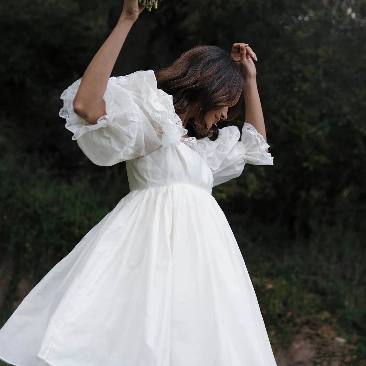 Half Puff Sleeves Square Neck Cotton Blend Mini Bridal Gowns Customized Cute After Party Empire Waist Maternity Wedding Dress