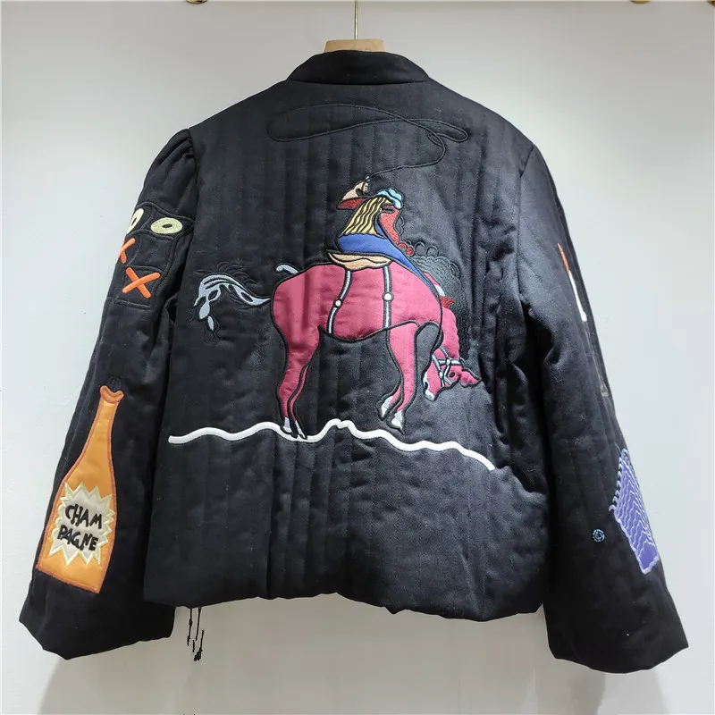 HKSH Women Padded Coat Heavy Cartoon Embroidered Fun Pattern Design Stand Collar Loose Casual Niche Vintage Warm Jackets HK27714