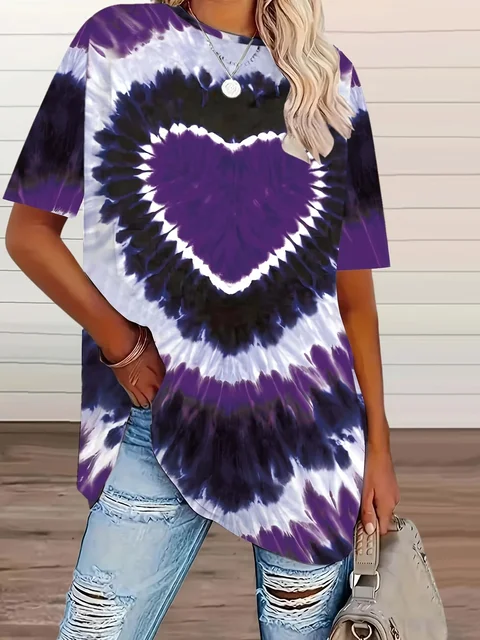 T-shirt z nadrukiem serca w rozmiarze plus size, swobodny, dzianinowy top z krótkim rękawem, okrągły dekolt, seria wiosenno-letnia, koszula w dużych rozmiarach