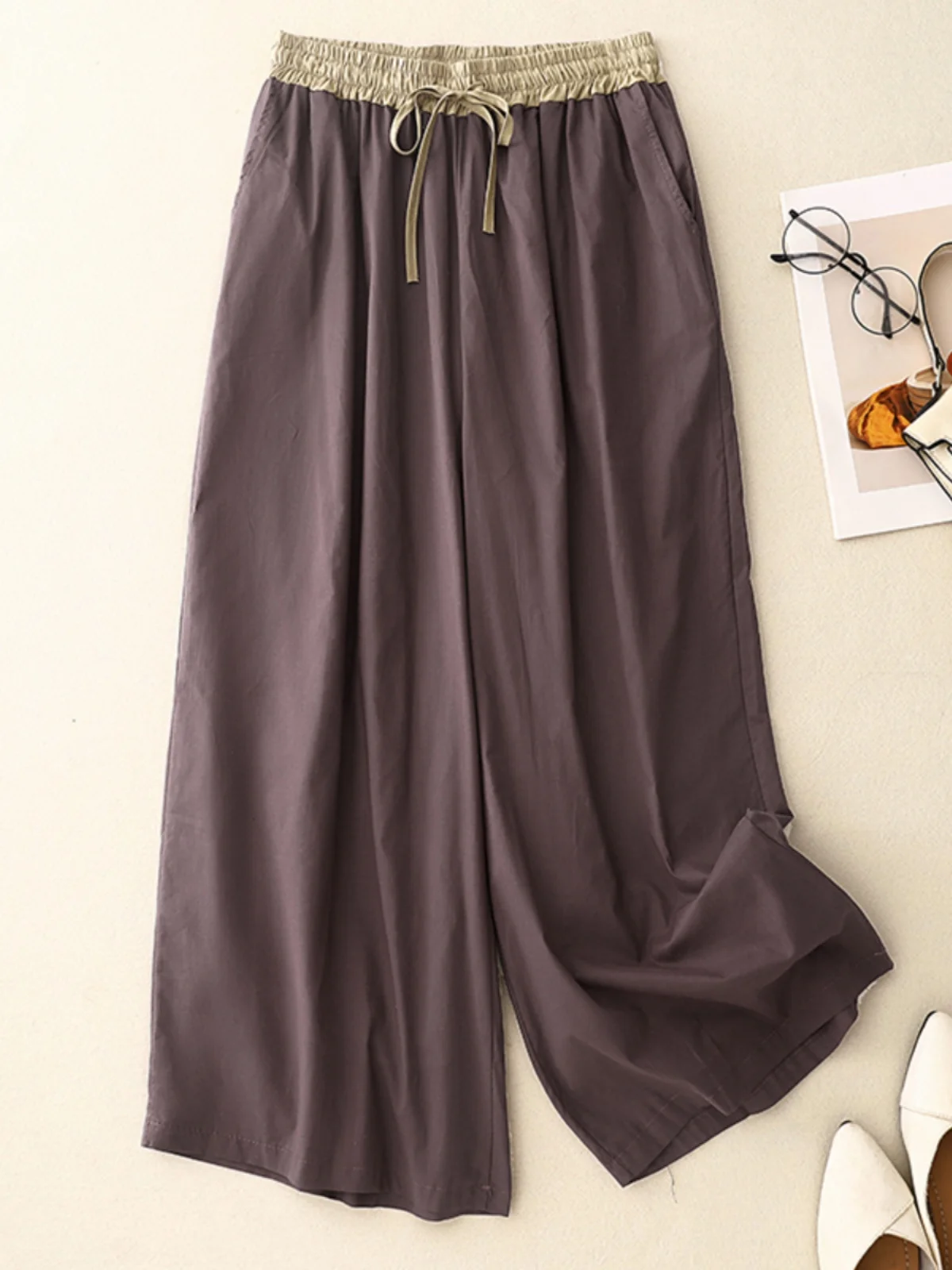 

Artistic Casual Cotton Linen Double Layer Wide Leg Pants Nine Points Loose Fit Trousers for Women Spring Season Regular Thi