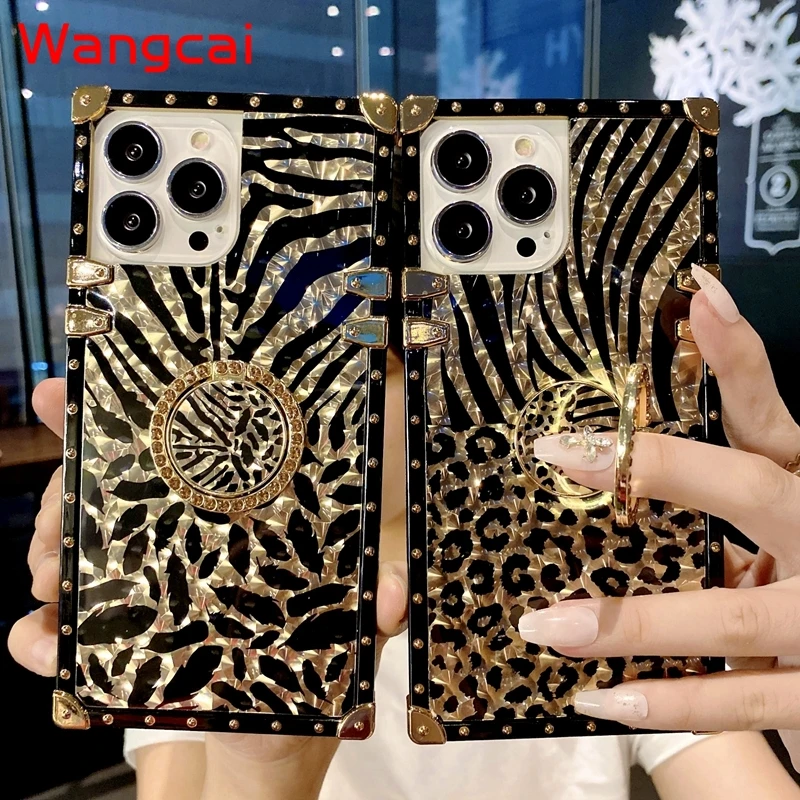 Luxury Gold Leopard Feather Phone Case for Honor 50 30 V30 20 Pro 30S 9X 20i 10i Glitter Ring Holder Stand Cover