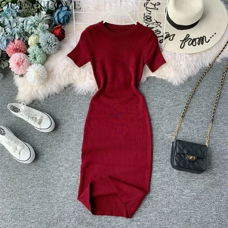 OCEANLOVE Sexy Dress Women Solid Bodycon Short Sleeve Summer Mini Dresses O-neck Knitting Stretch Retro High Waist Vestido