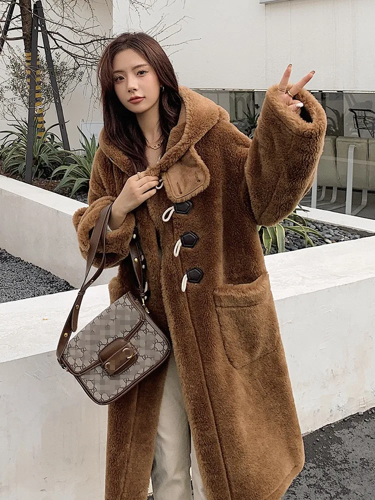 Winter Women Sheep Fur Overcoat Vintage Horn Button Loose Fit Long Real Wool Jacket Female Casual Hooded Oversize Wool Coats