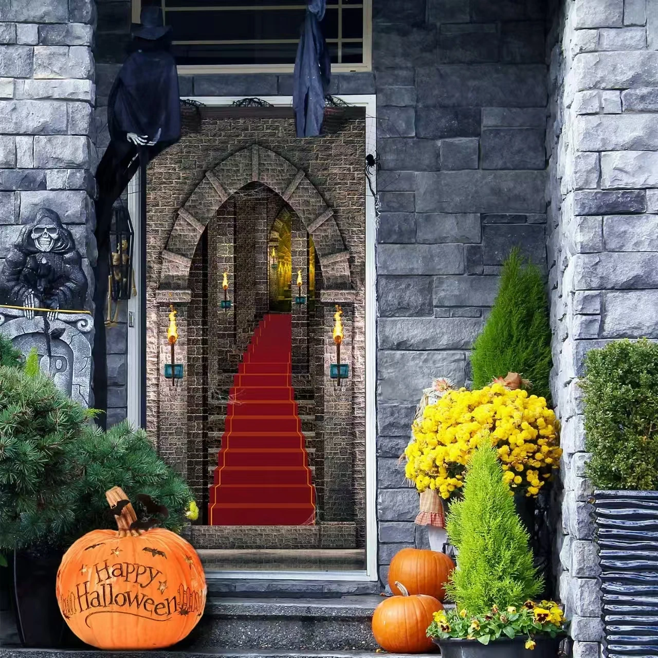 1pc Halloween Vampire Castle Tapestry Medieval Stone Door Design Entryway AV Room Party Decoration