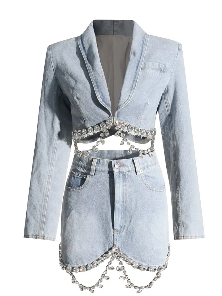 Imagem -05 - Twotwinestilo Denim para Mulheres Conjunto de Duas Peças Denim Conjunto Manga Longa Lapela Cintura Alta Mini Saia Moda 2023