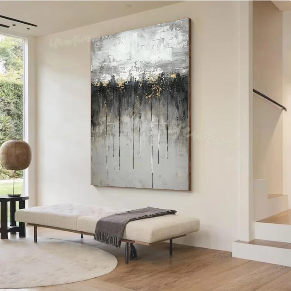 Modern Abstract Oil Painting on Canvas 100% Handmade Black Gold Mural Wall Art Picture for Living Room Decor Creative Image