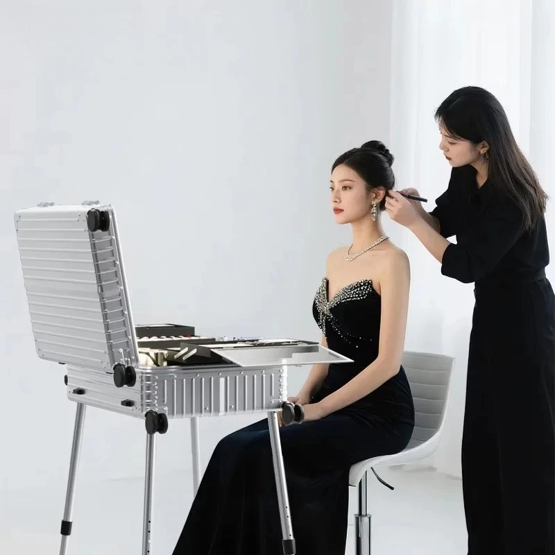 

Hard Aluminum Factory Direct Commercial Trolley Makeup Box Suitcase With LED Light and bluetooth Cosmetic case