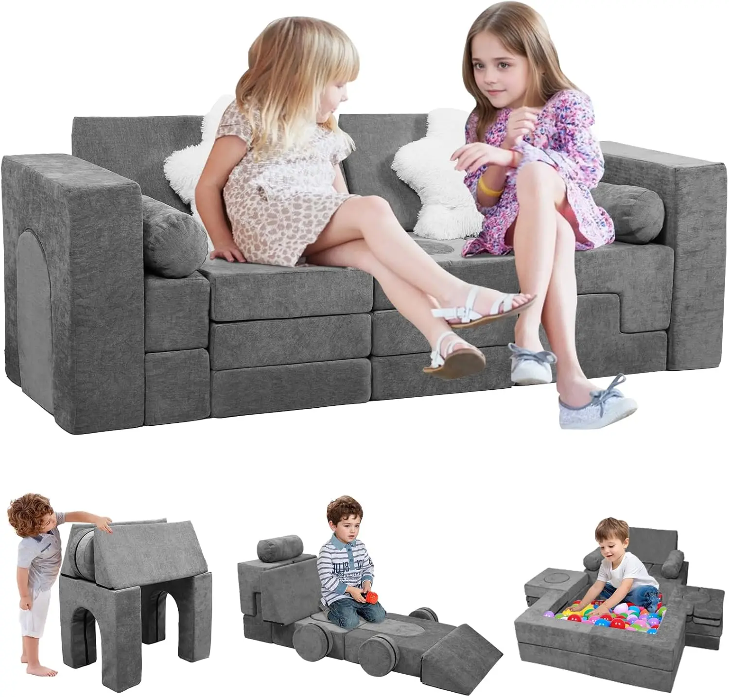 Conjunto de sofá infantil modular com 28 blocos de espuma para construção DIY, dobras e jogo de sofá em cinza escuro