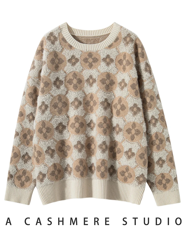 

New Women 100% Cashmere Sweater Jacquard Towel Embroid O-Neck Pullover Heavy Industry Embroidery Autumn Winter Loose Thick Tops