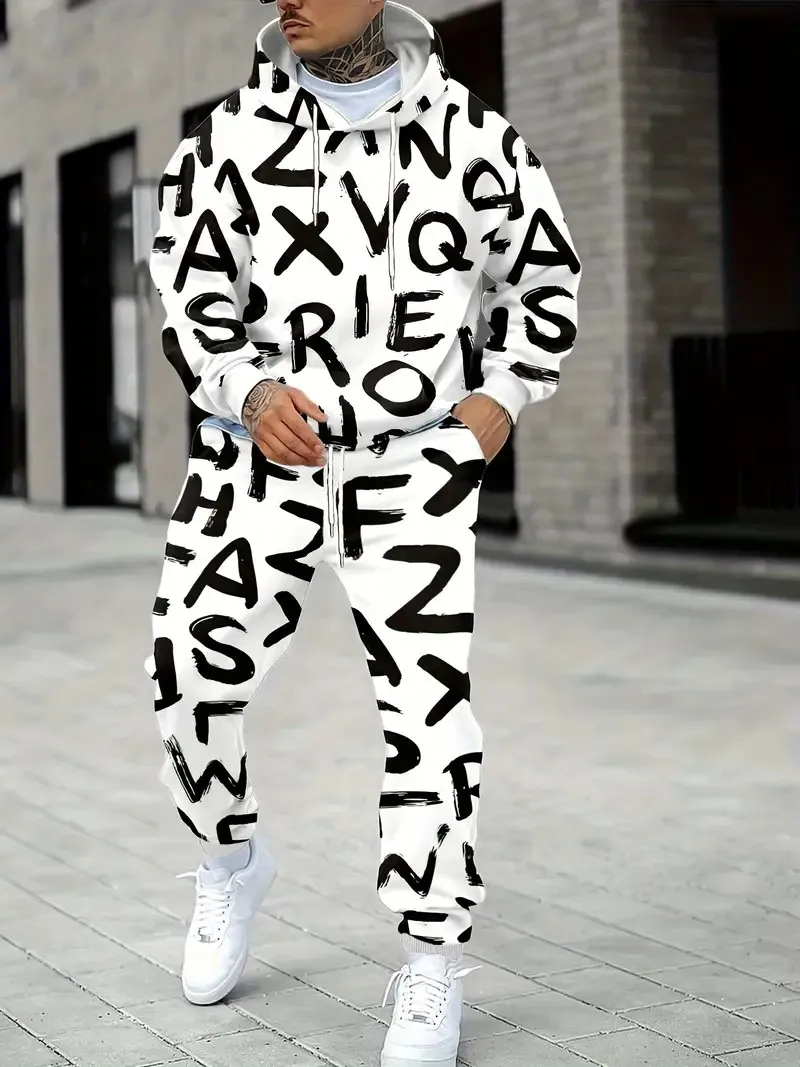The new men's set for Spring and Autumn 2025 is a casual fashionable soft and comfortable 3D letter print