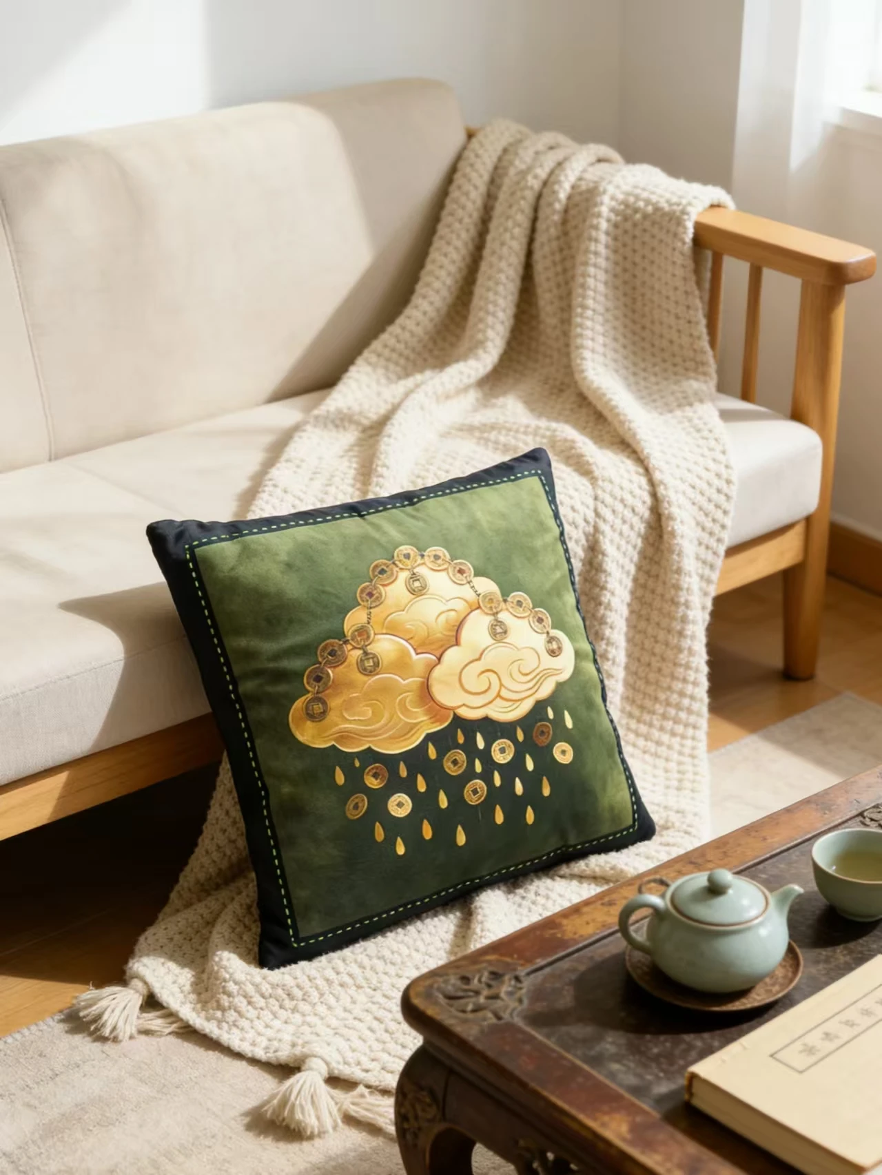 Vintage Chinoiserie Oriental Throw Pillow Cover 18x18 Inch Green Black Gold Coin Fengshui Cushion Case Home Sofa Accent Decor