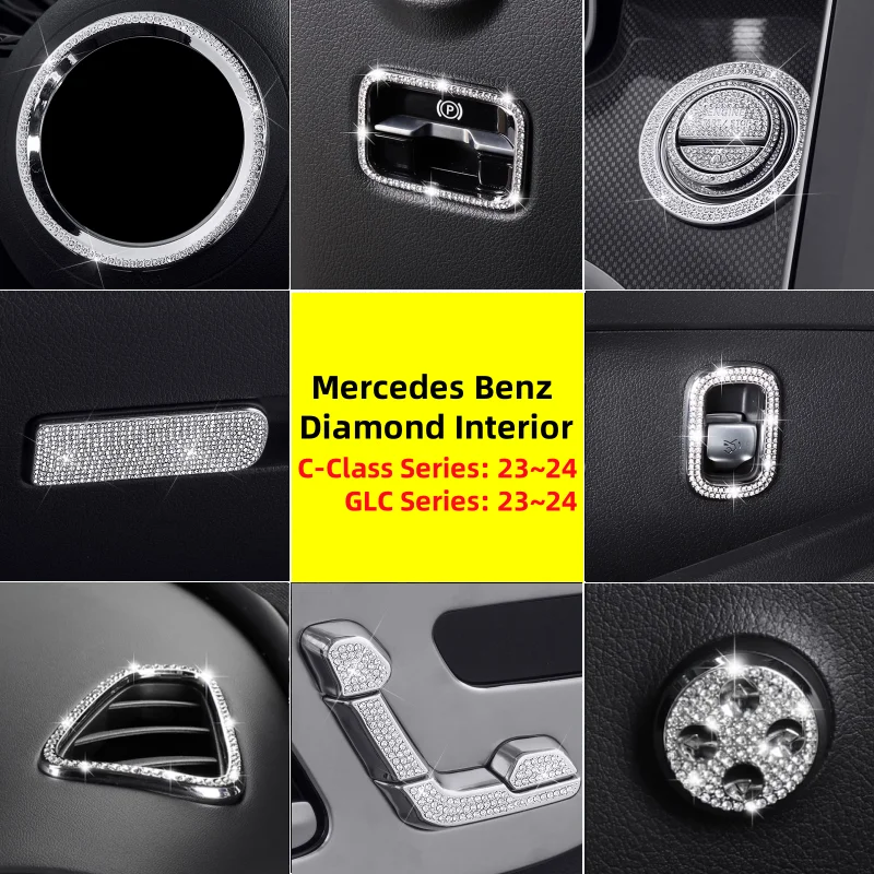 For Mercedes Benz 23~24 C-Class C180 C200 C260L GLC300 W206 Air Conditioner Vent Ring Central Control Knob Diamond Decorate Trim