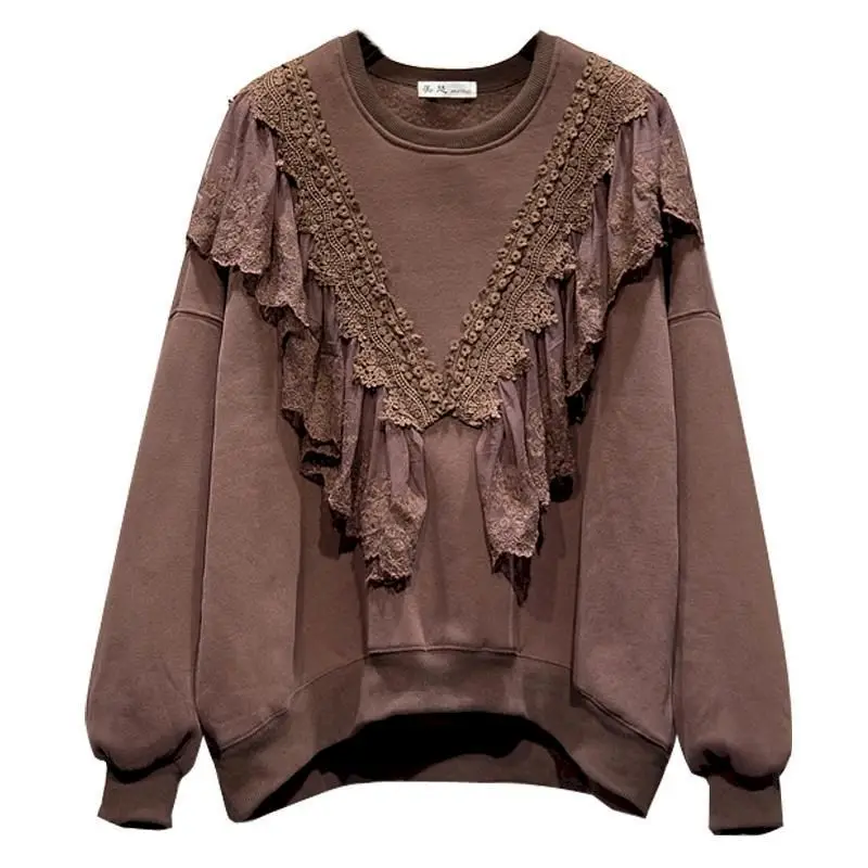 lace patchwork pullovers women fashion design casual loose tops 2024 spring autumn trend solid pullover vintage top y2k clothes