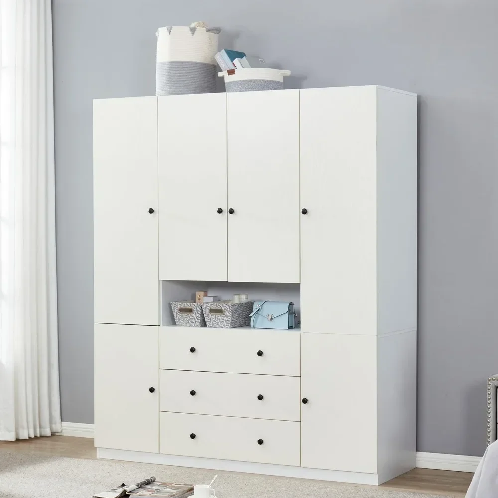 

74" 4 Door Wardrobe, 3 Drawers Wooden White Closet for High Storage Capacity, Tall Cabinet Closet Wardrobe with 3 Hanging Rod