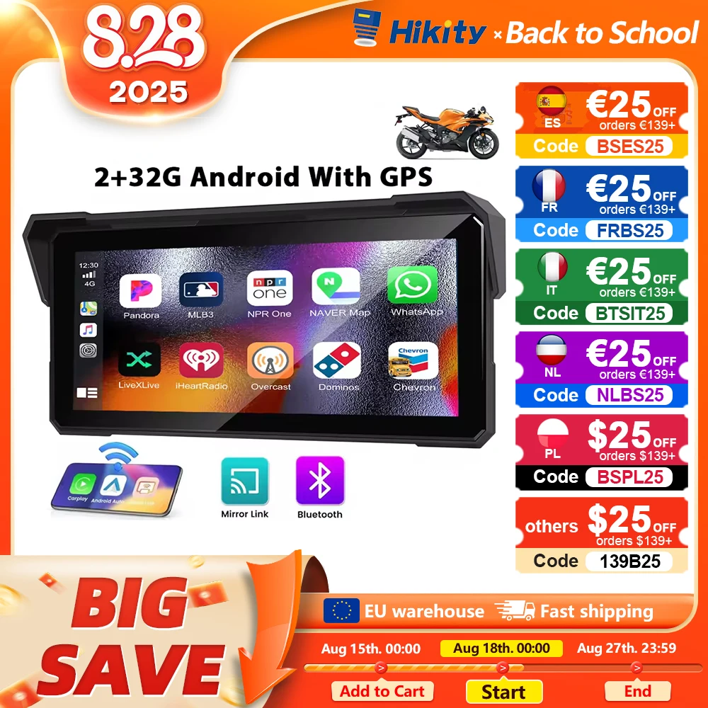 Hikity 8.1 Android 2 + 32G Carplay Monitor per moto Smart Player Carplay Android Auto con navigazione GPS IP68 impermeabile