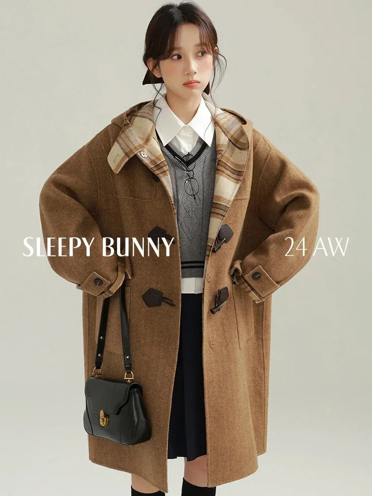 

Double-Faced Wool Duffle Hoodie Coat Women Toggle Button Classic Plaid Collar Warm Long Overcoat Casual Autumn Winter Outerwear