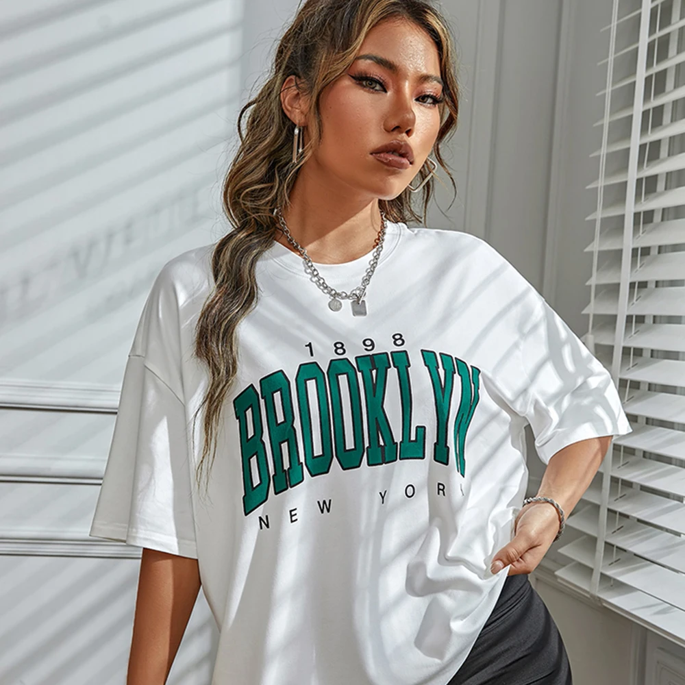 Cheap Women Clothing and Free Shipping Y2k Vintage 90s 80s Tees Brooklyn Print T-Shirt Ladies Top White Black Hip Hop Streetwear