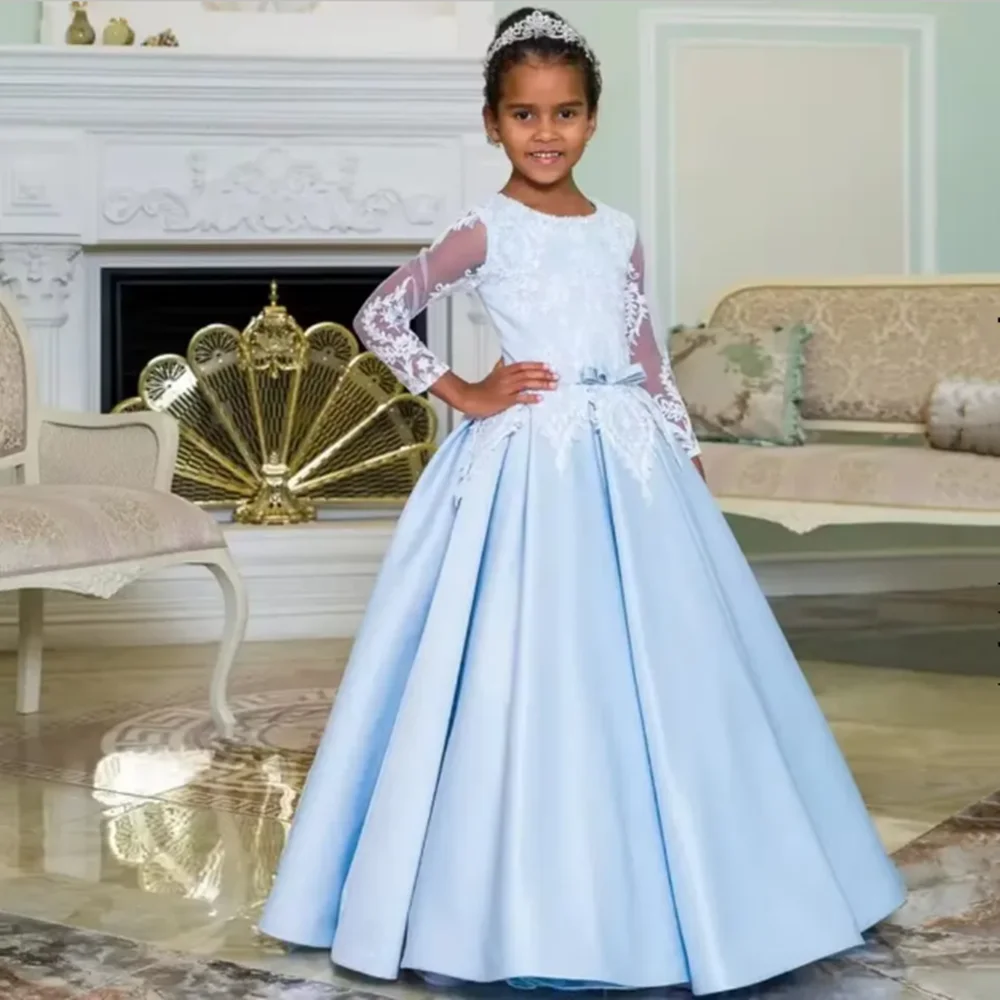 

Небесно-голубые платья с цветочным узором для девочек по индивидуальному заказу на свадьбу, атласные аппликации длиной до пола, элегантное детское бальное платье для первого причастия