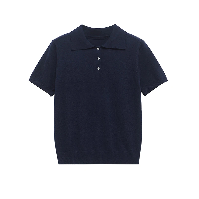 YENKYE New 2025 Women Basic Jersey Polo Collar T Shirt Short Sleeve Front Button Rib Trim Tees Spring Summer Crop Top