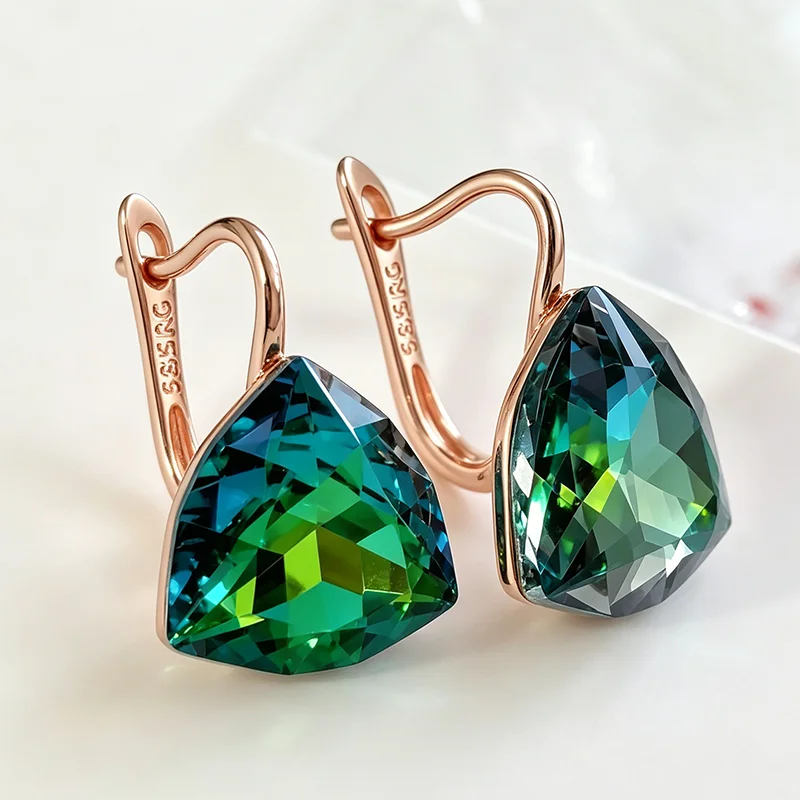 Wbmqda Einzigartige Ohrhänger mit grünem Farbverlauf und Stein für Damen, 585er Roségold, luxuriös, für Hochzeit, Party, großer Zirkon, Schmuck, Geschenke – Detail 4