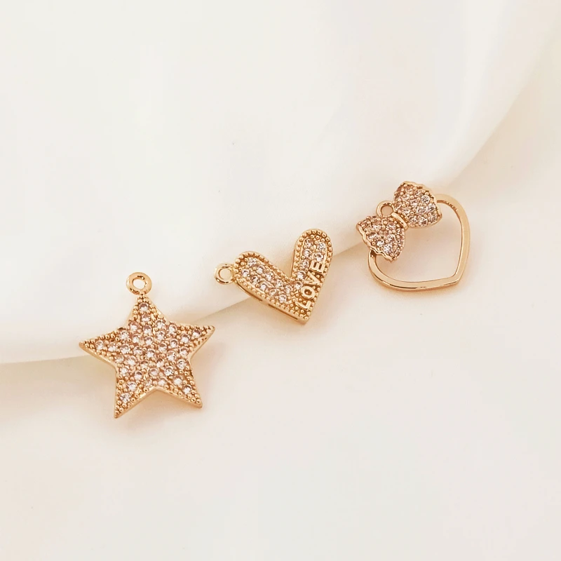 2 Pieces 14K Copper Clad Gold Set Zircon Hollow Heart Five Pointed Star Pendant Bracelet Handmade Diy Jewelry Accessories